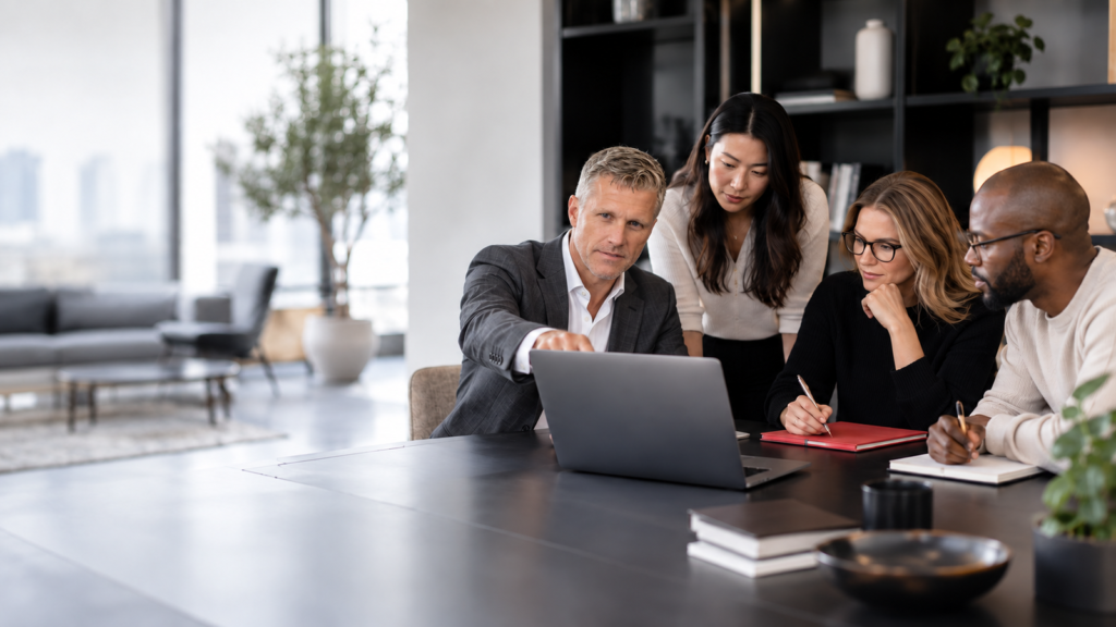 A business owner and designer review a website together on a laptop.